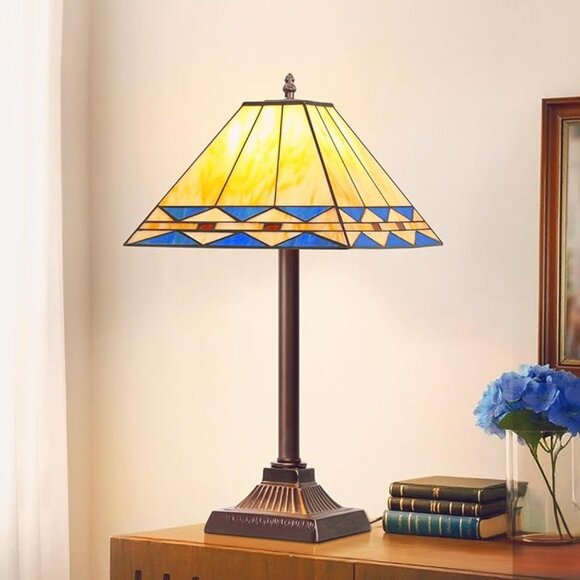 Tiffany Style Table Lamp, Vintage Bedside Nightstand Lamp w/Square Stained Glass - Picture 1 of 5